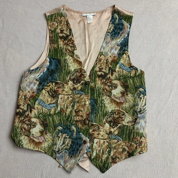 Partners II Vintage 90s Dog Tapestry Vest Multicolor Cotton Blend Size 1X - Picture 2 of 9